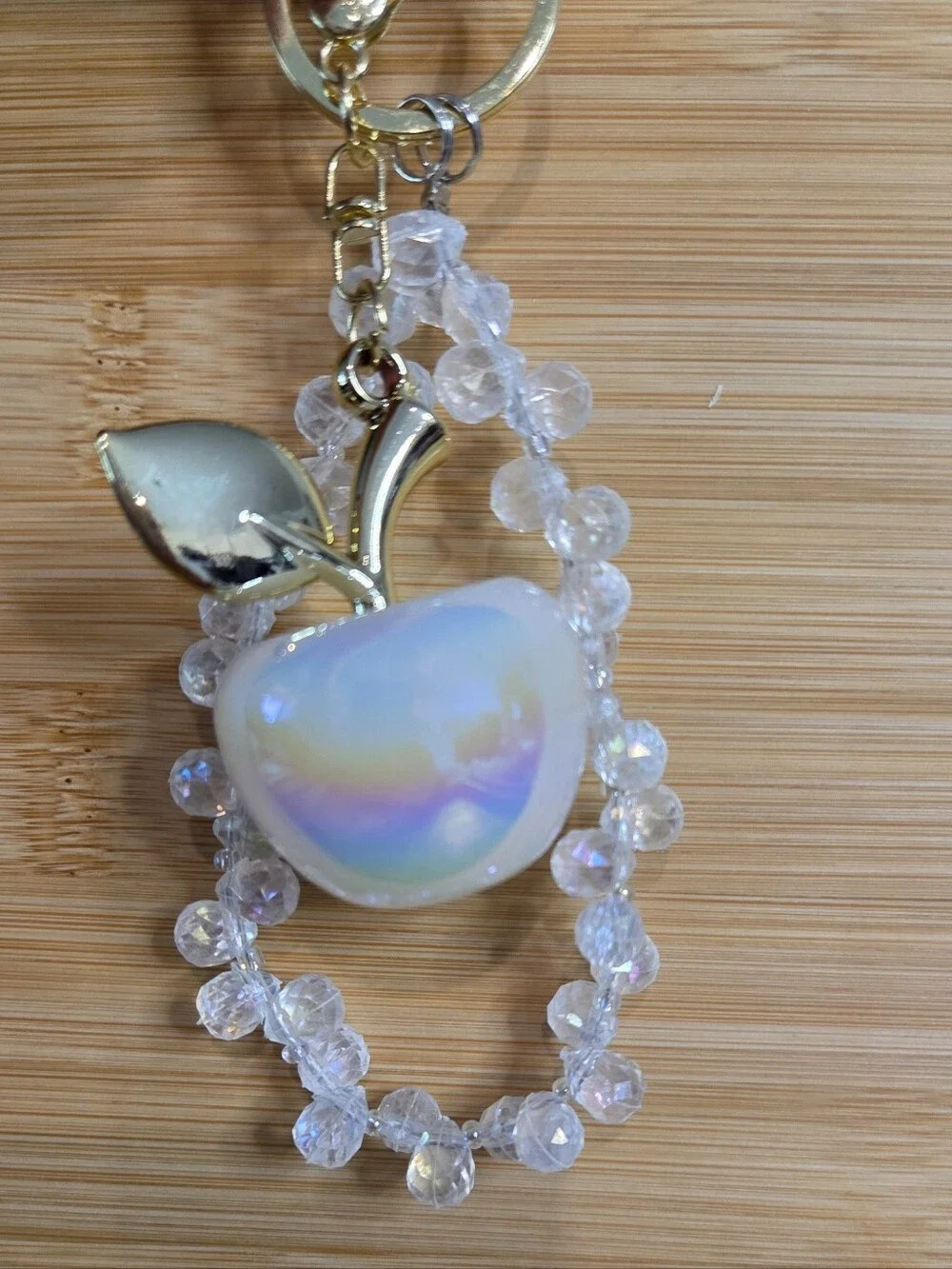 🍎 Iridescent Opal Resin Apple Keychain Wristlet with Crystal Beads 🍎